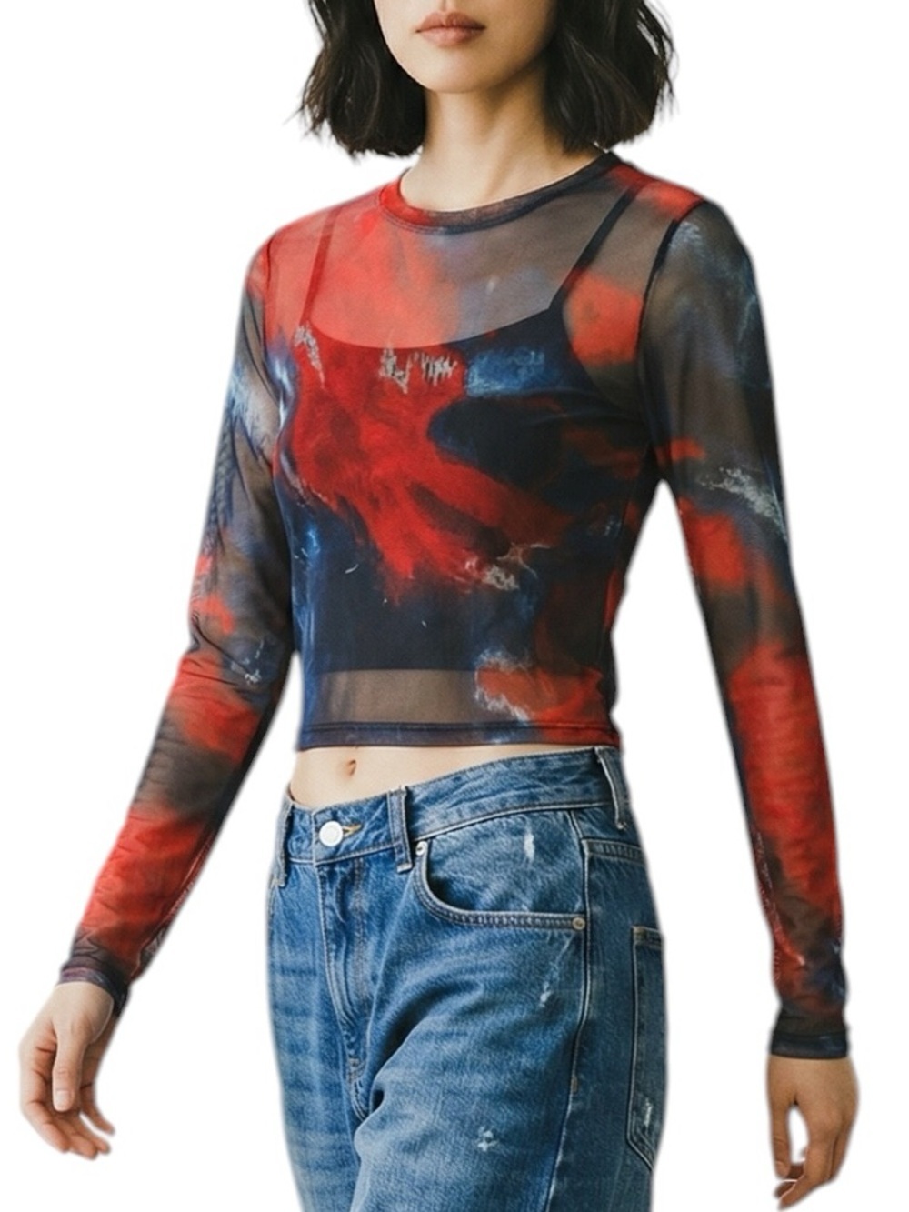 Y2k style Just Polly New York Blue Red mesh sheer long sleeve shirt maximalist
